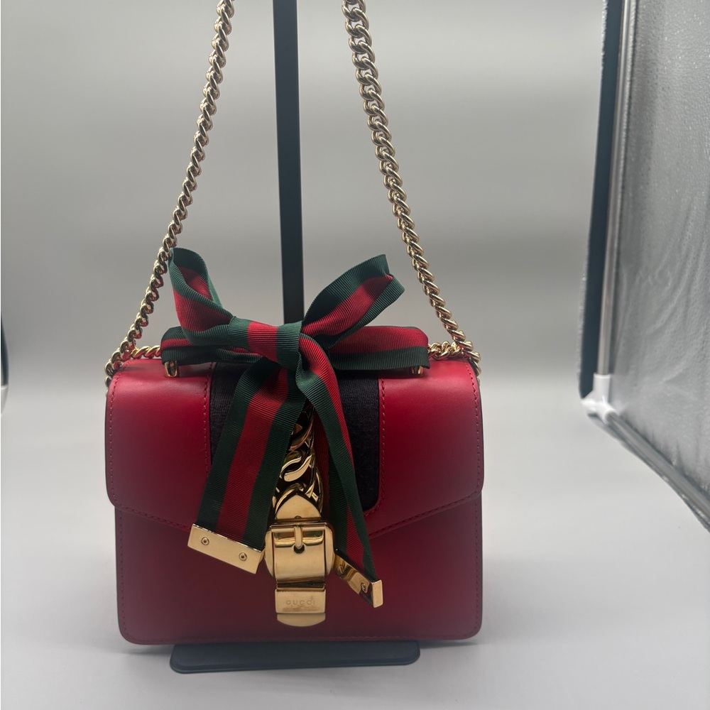 Gucci Sylvie Mini Red Leather Web Bow Chain Shoulder Bag Authentic